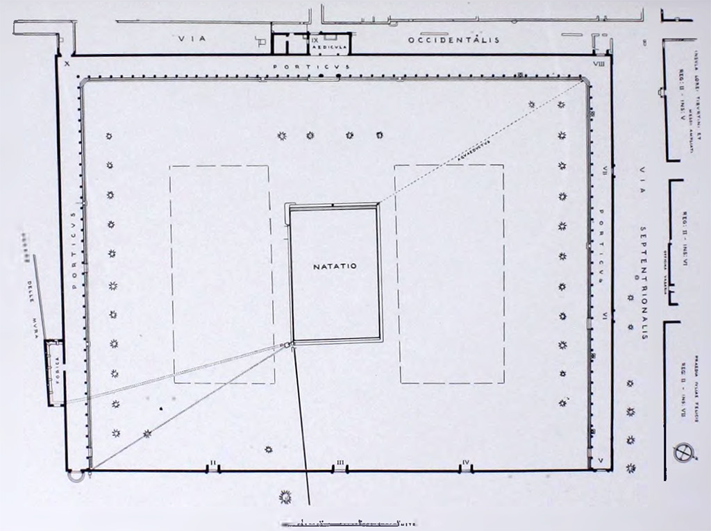 II.7 Pompeii. 1939 plan of Palaestra from NdS. This shows the aqueduct feeding the pool and the overflow that flushed the latrine.
See Notizie degli Scavi di Antichita, 1939, (Tav. IX)